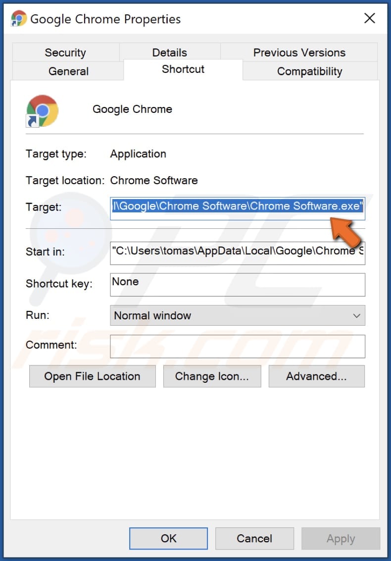 fałszywa aplikacja Google zmieniła lokalizację docelową skrótu do Chrome 