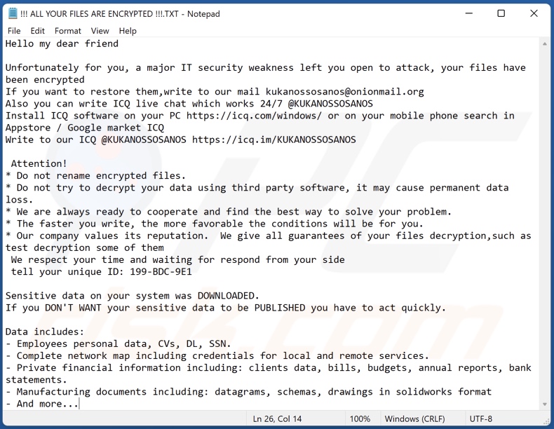 Notatka z żądaniem okupu KUKANOS (!!! ALL YOUR FILES ARE ENCRYPTED !!!.TXT)