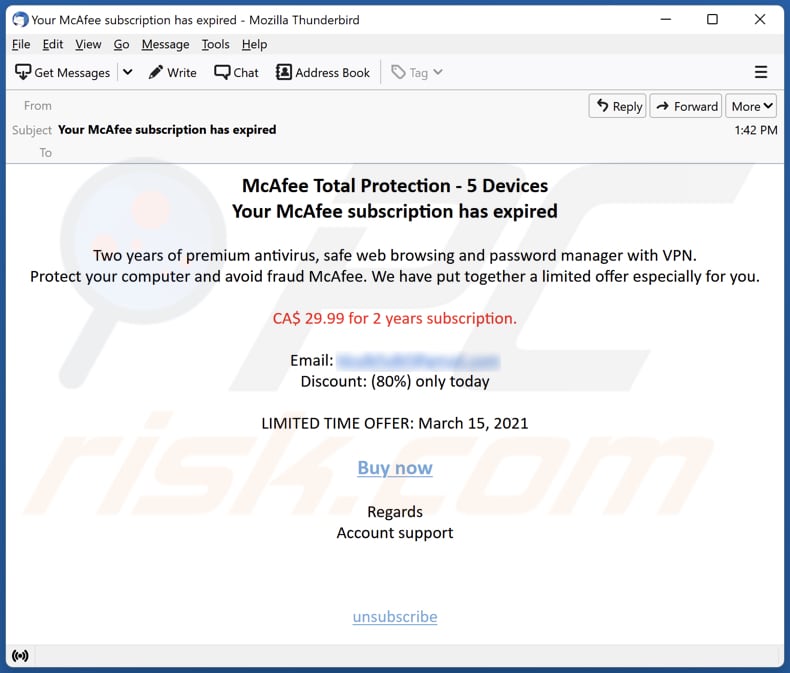 Oszustwo e-mailowe McAfee subscription has expired