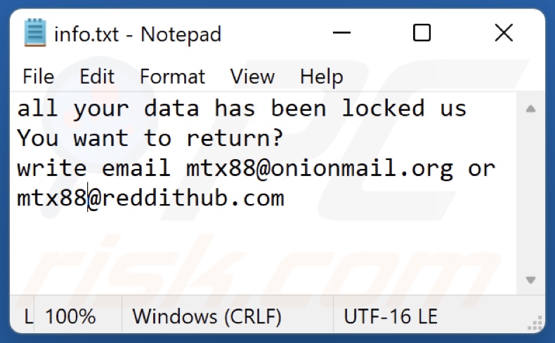 Plik tekstowy ransomware MTX (info.txt)