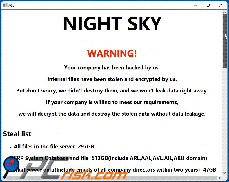 Notatka z żądaniem okupu ransomware night sky NightSkyReadMe.hta gif