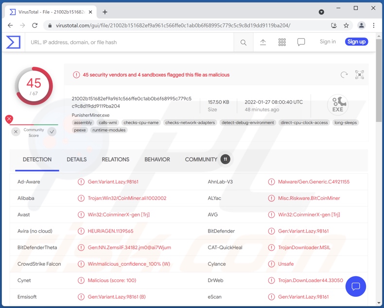 Wykrycia malware Punisher Miner na VirusTotal