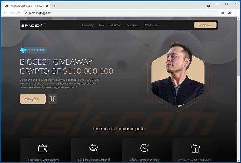 Witryna oszustwa SpaceX BTC And ETH Giveaway (2022-01-28 - mcrostrategy.com)