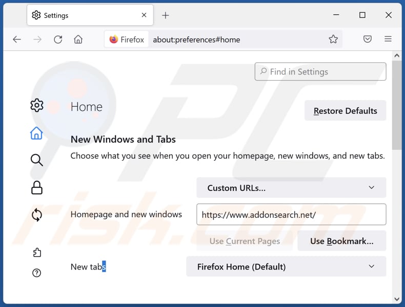 Usuwanie addonsearch.net ze strony głównej Mozilla Firefox