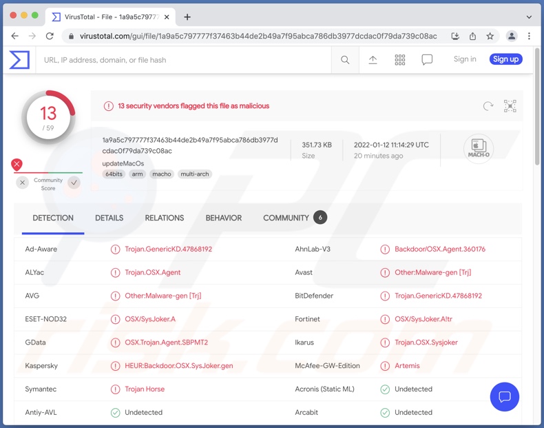 Wykrycia malware SysJoker na VirusTotal