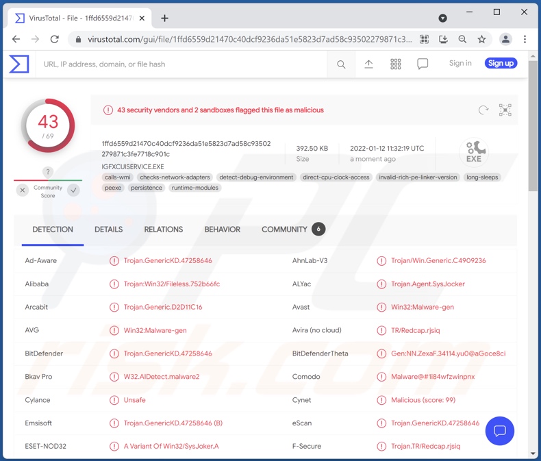 Wykrycia malware SysJoker na VirusTotal