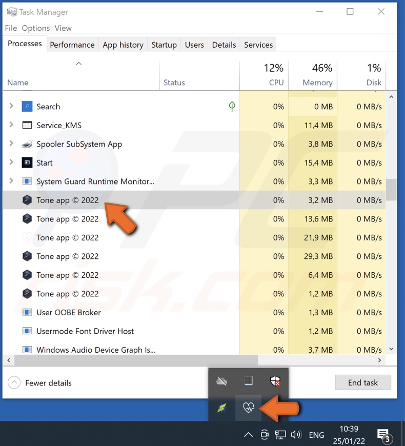 Aplikacja i proces adware Tone (aplikacja Tone (c) 2022 - nazwa procesu) 