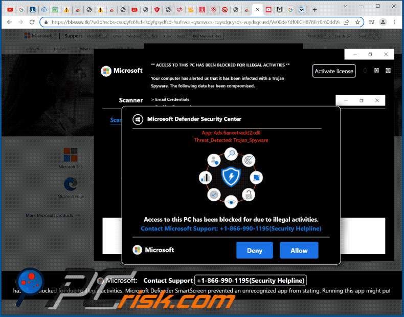 Wygląd oszustwa Access to this PC has been blocked for due to illegal activities