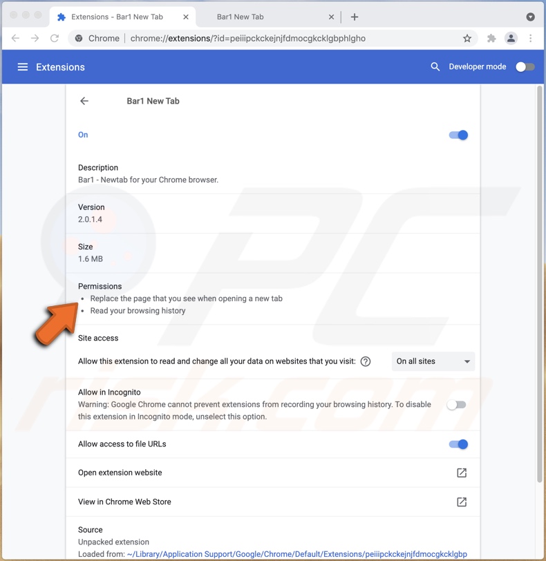 Pozwolenia porywacza przeglądarki Bar1 New Tab na Chrome