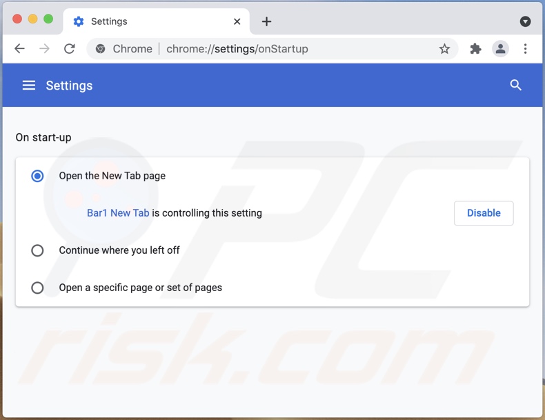 Trwałosć porywacza przeglądarki Bar1 New Tab na Chrome
