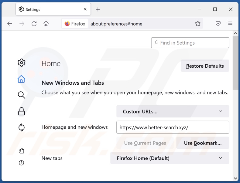 Usuwanie better-search.xyz ze strony domowej Mozilla Firefox