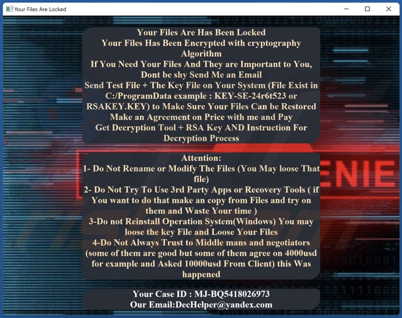 notatka z żądaniem okupu pop-up ransomware blender DeCryption-Guide.hta
