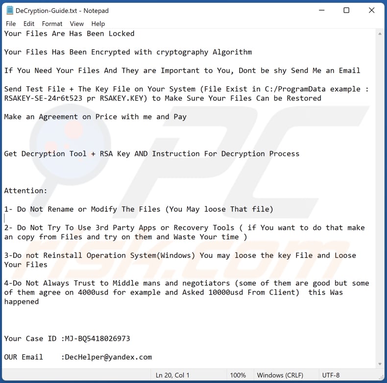 Plik tekstowy ransomware Blender (DeCryption-Guide.txt)