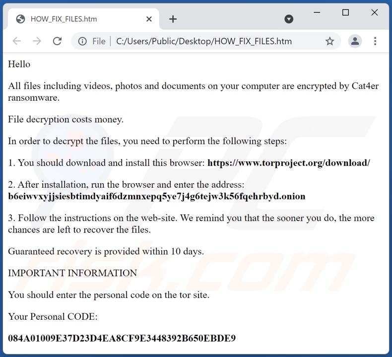 Wiadomość z żądaniem okupu ransomware Cat4er (HOW_FIX_FILES.htm)