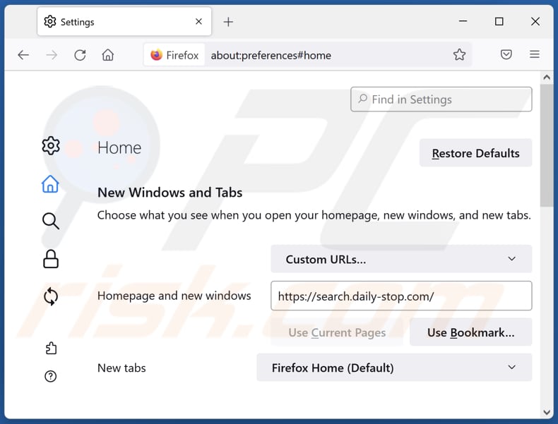 Usuwanie search.daily-stop.com ze strony domowej Mozilla Firefox