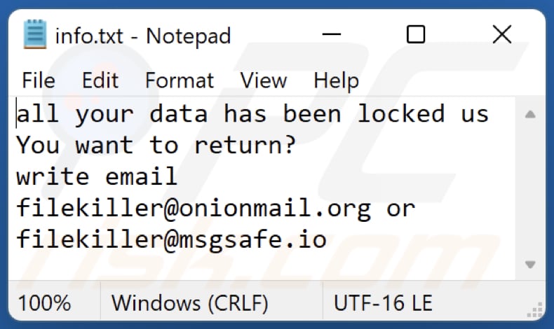 Notatka z żądaniem okupu ransomware kl (info.txt)