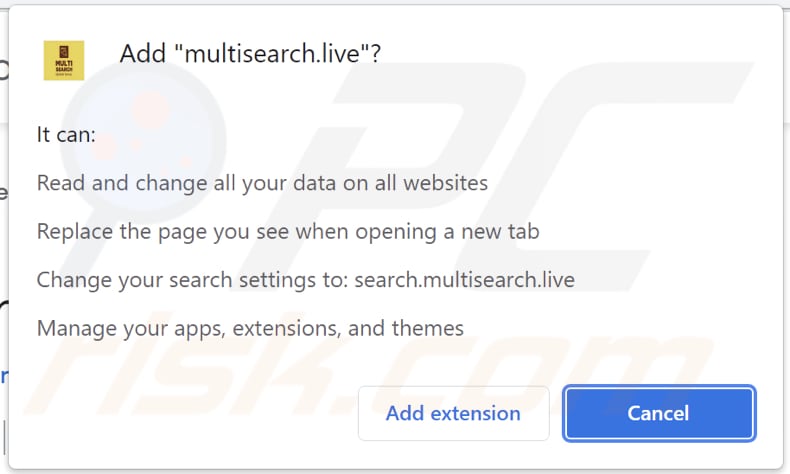 Powiadomienie przeglądarki porywacza przeglądarki multisearch.live
