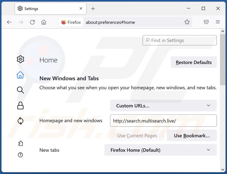 Usuwanie search.multisearch.live ze strony domowej Mozilla Firefox