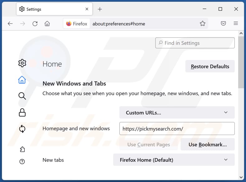 Usuwanie pickmysearch.com ze strony domowej Mozilla Firefox