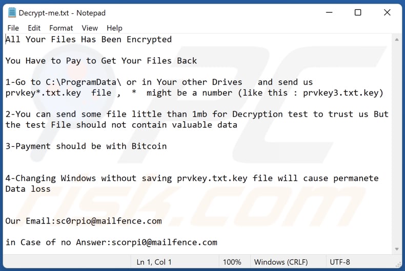 pliki tekstowe ransomware Scorp (Decrypt-me.txt)