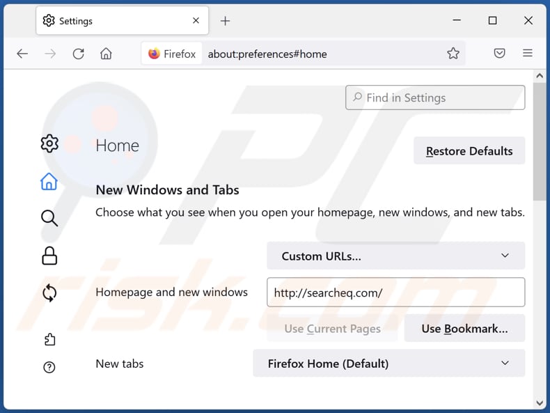 Usuwanie searcheq.com ze strony domowej Mozilla Firefox