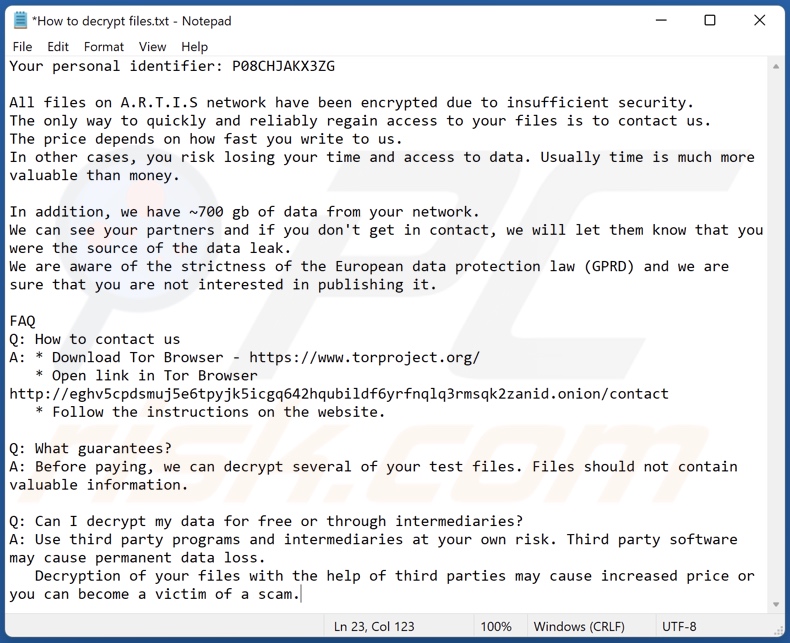 Wiadomość z żądaniem okupu ransomware TargetCompany (artiis) (How to decrypt files.txt)