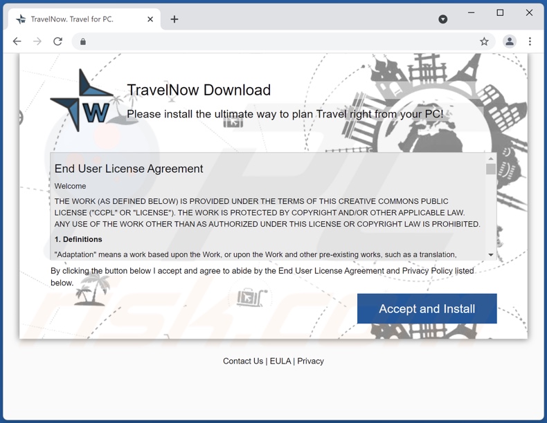 Witryna promująca adware TravelNow