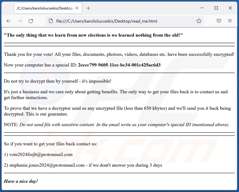 Wiadomość z żądaniem okupu ransomware Vote2024 (read_me.html)