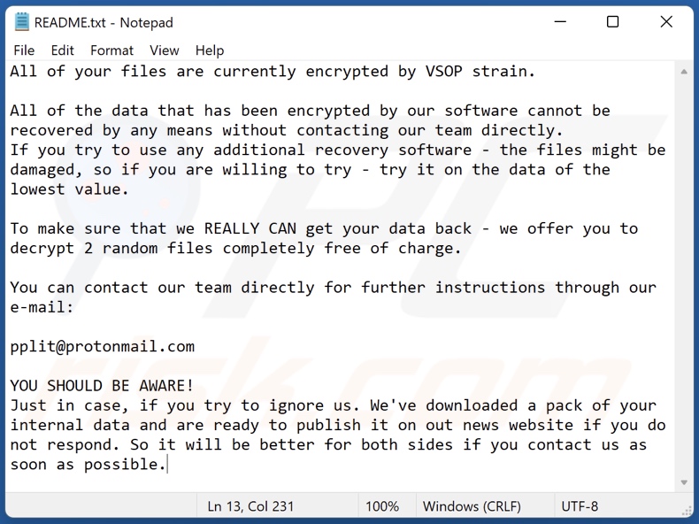 Wiadomość z żądaniem okupu ransomware VSOP (README.txt)