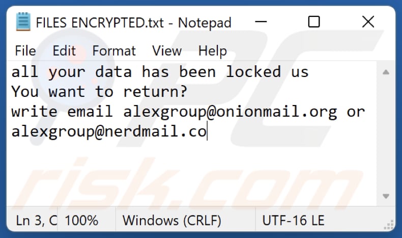 Plik tekstowy ransomware Xgpr (FILES ENCRYPTED.txt)