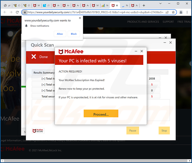 yourdailysecurity.com promująca oszustwo pop-up McAfee - Your PC is infected with 5 viruses!
