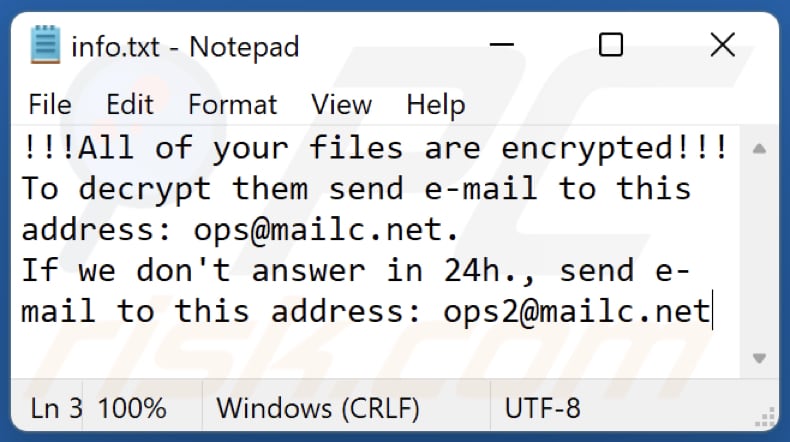 Notatka z żądaniem okupu ransomware zozl (info.txt)