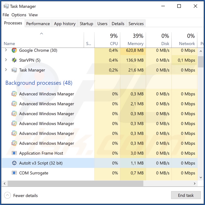 Proces malware 89N3PDyZzakoH7W6n8ZrjGDDktjh8iWFG6eKRvi3kvpQ w Menedżerze zadań (AutoIt v3 Script (32 bit))