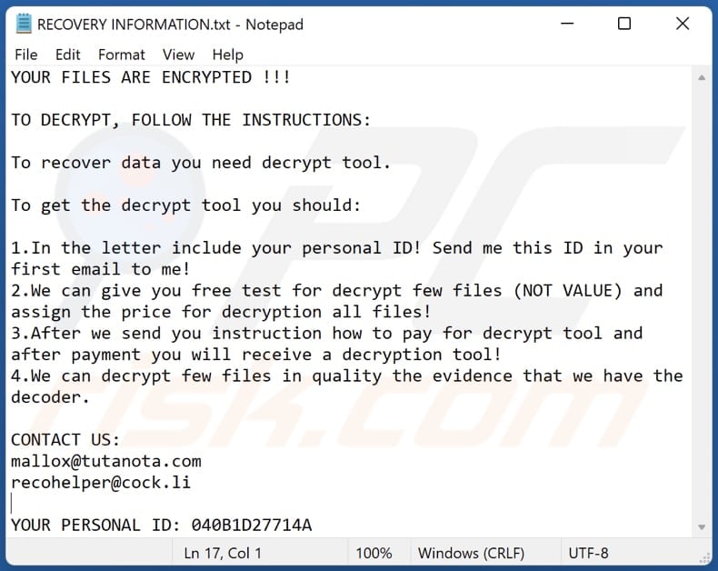 Plik tekstowy ransomware Avast (RECOVERY INFORMATION.txt)