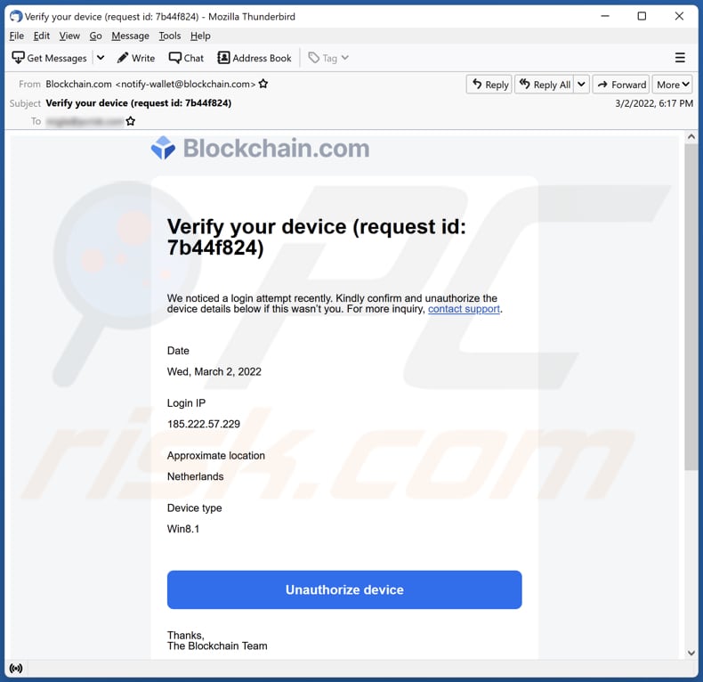 Oszustwo e-mailowe blockchain.com
