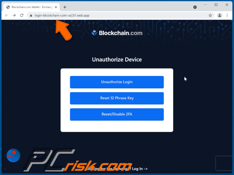 Wygląd witryny phishingowej oszustwa e-mailowego blockchain.com