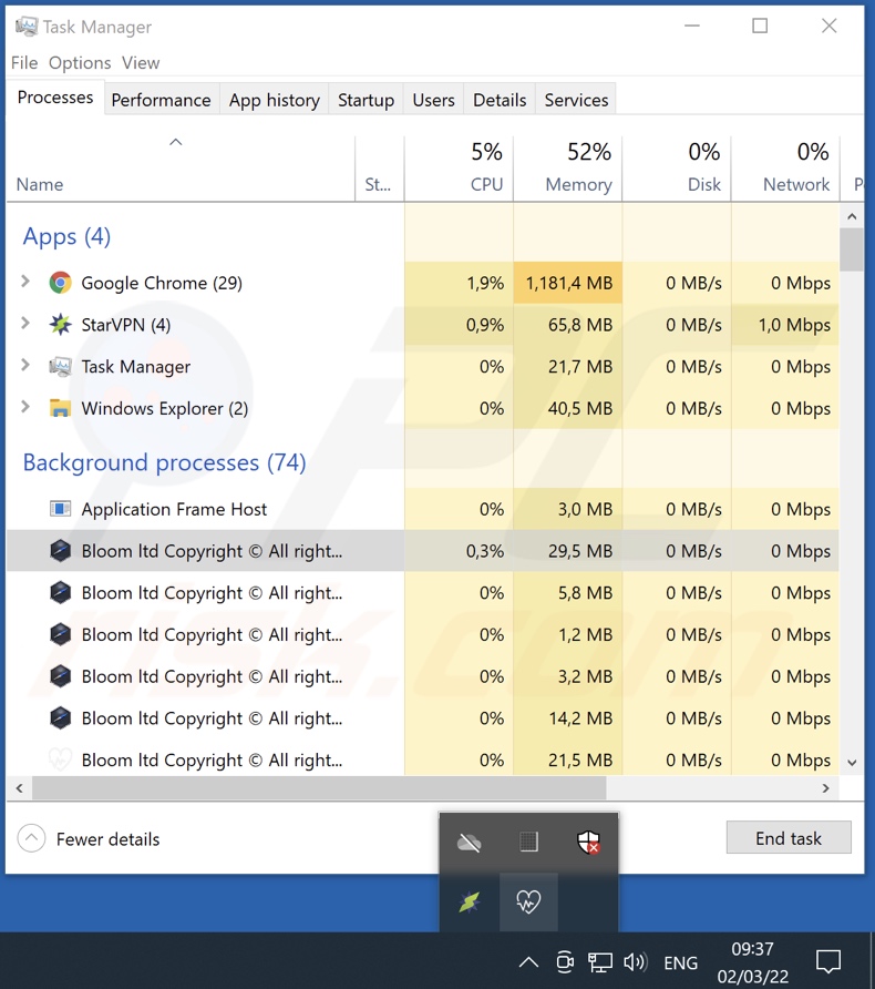 Proces adware Bloom w Menedżerze zadań (Bloom ltd Copyright © Wszelkie prawa zastrzeżone - nazwa procesu)