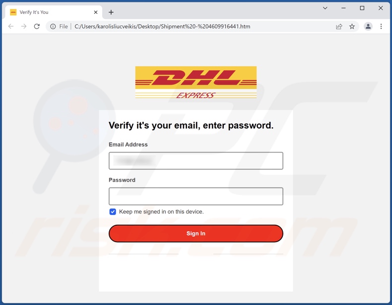Załącznik phishingowy dystrybuowany w kampanii spamowej DHL Shipment Details (4609916441.html)