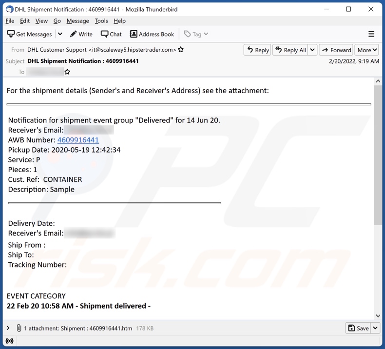 E-mailowa kampania spamowa DHL Shipment Details