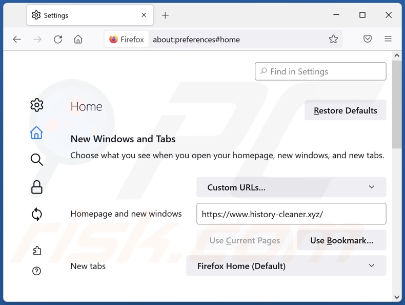 Usuwanie history-cleaner.xyz ze strony domowej Mozilla Firefox