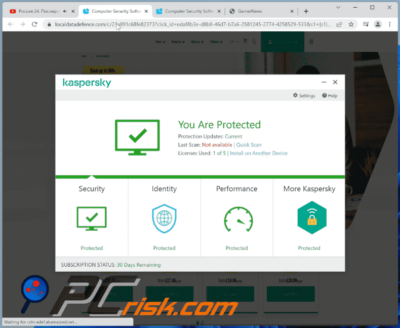 Wygląd oszustwa Kaspersky - Your PC is infected with 5 viruses!