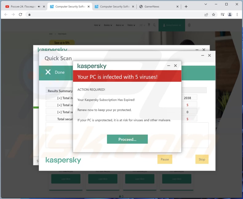 Oszustwo Kaspersky - Your PC is infected with 5 viruses!