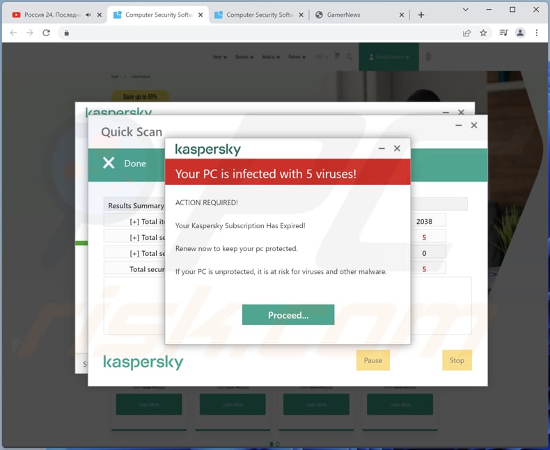 Oszustwo Kaspersky - Your PC is infected with 5 viruses!