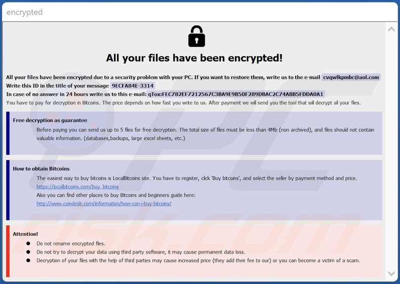 Okno pop-up ransomware LKS (info.hta)