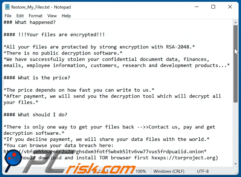 Wygląd notatki z żądaniem okupu ransomware: Restore_My_Files.txt
