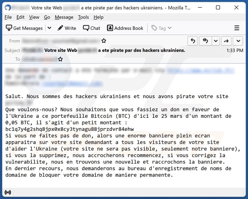 Francuska wersja oszustwa e-mailowego we are Ukrainian hackers and we hacked your site