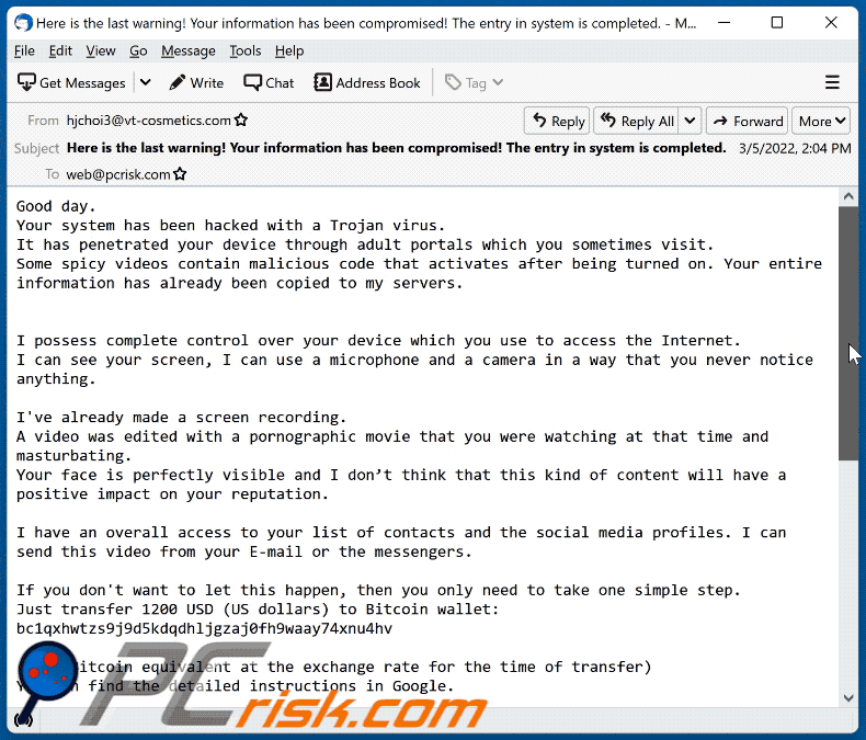 Wygląd oszustwa e-mailowego your system has been hacked with a trojan virus
