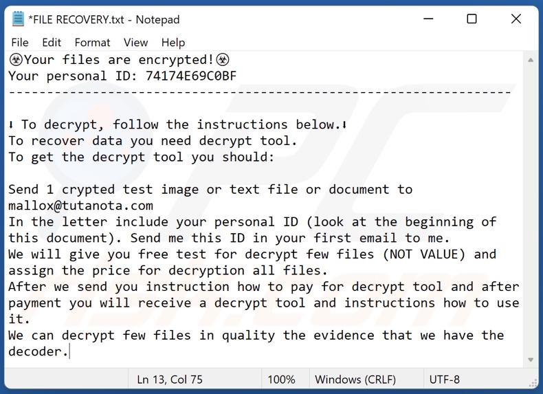 Wiadomość z żądaniem okupu ransomware Bozon (FILE RECOVERY.txt)