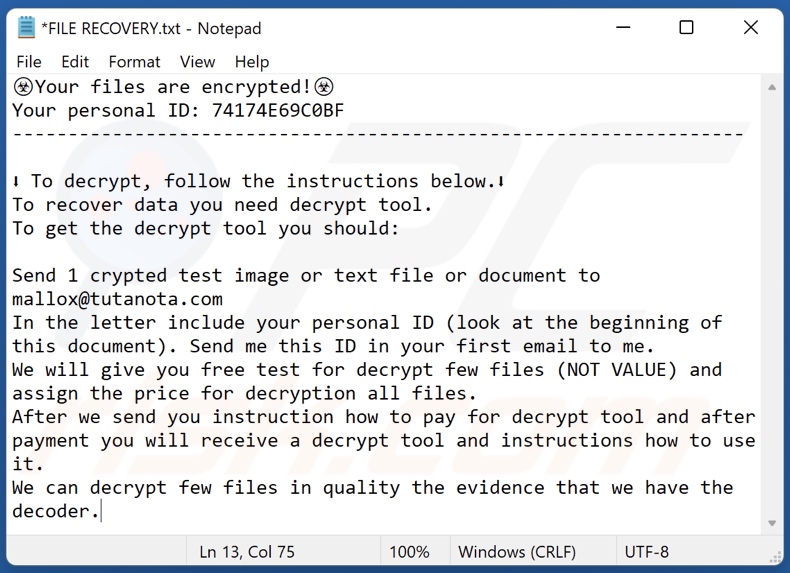Wiadomość z żądaniem okupu ransomware Bozon (FILE RECOVERY.txt)