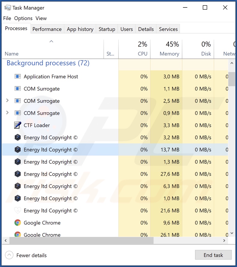 Proces adware Energy w Menedżerze Zadań (nazwa procesu 0 Energy ltd Copyright ©)